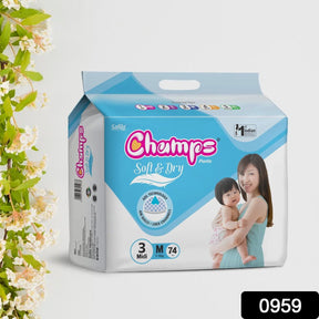 Medium size Champs baby diaper pants, 74 pcs, for all-day dryness