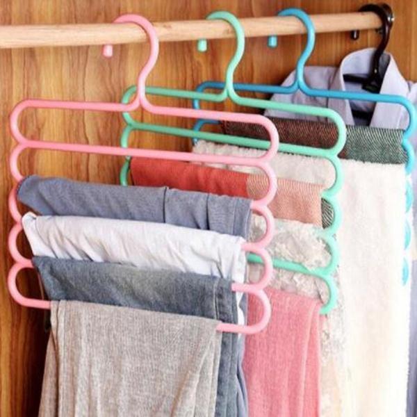 5-layer multipurpose plastic hanger in use with clothes