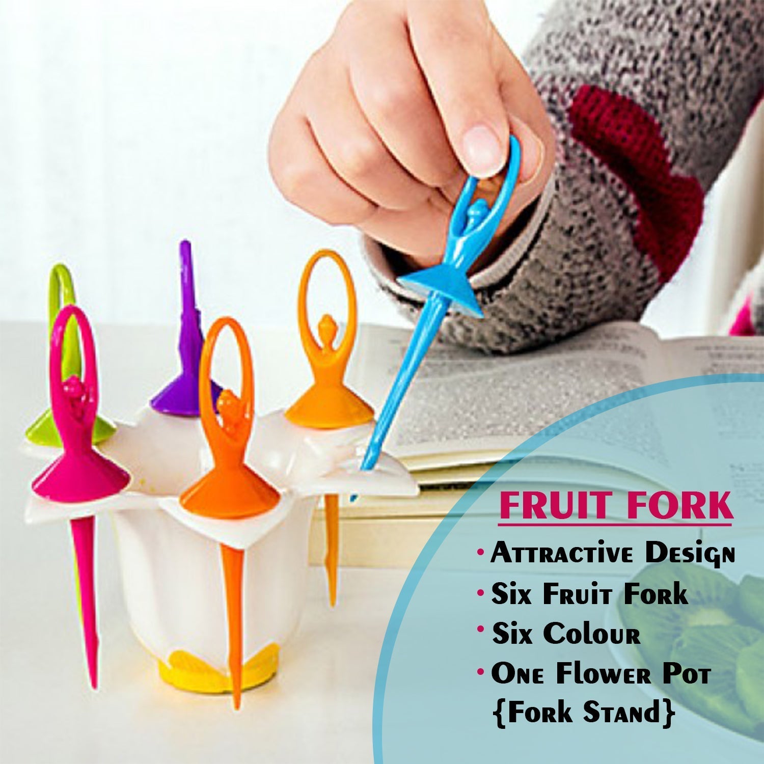 Set of 6 fruit forks with a doll-themed stand