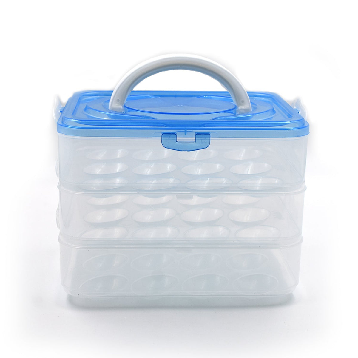 3-layer plastic egg storage box with 36 grids, designed for organizing eggs in the refrigerator