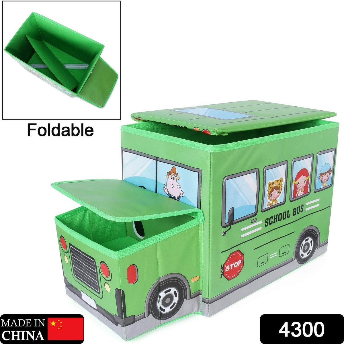 Toy storage box with bus design, lid, and multipurpose use for kids' items